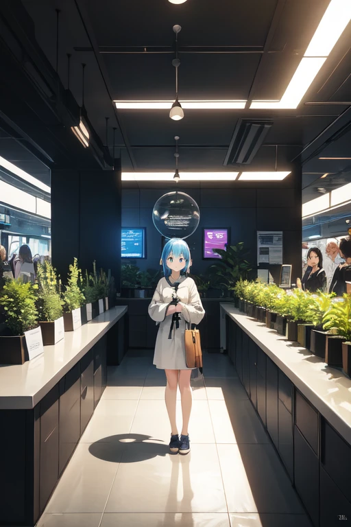 A girl around , a little more mature, active and wearing a casual dress, medium-long light ash blue hair, beautiful jade-colored almond eyes, about 150cm tall, outer space relay, spaceport lobby, there are a moderate number of people behind her, a check-in counter in the far right, a potted plant, a planet visible through the window on the left, holding a travel bag, standing to the right, looking out the window