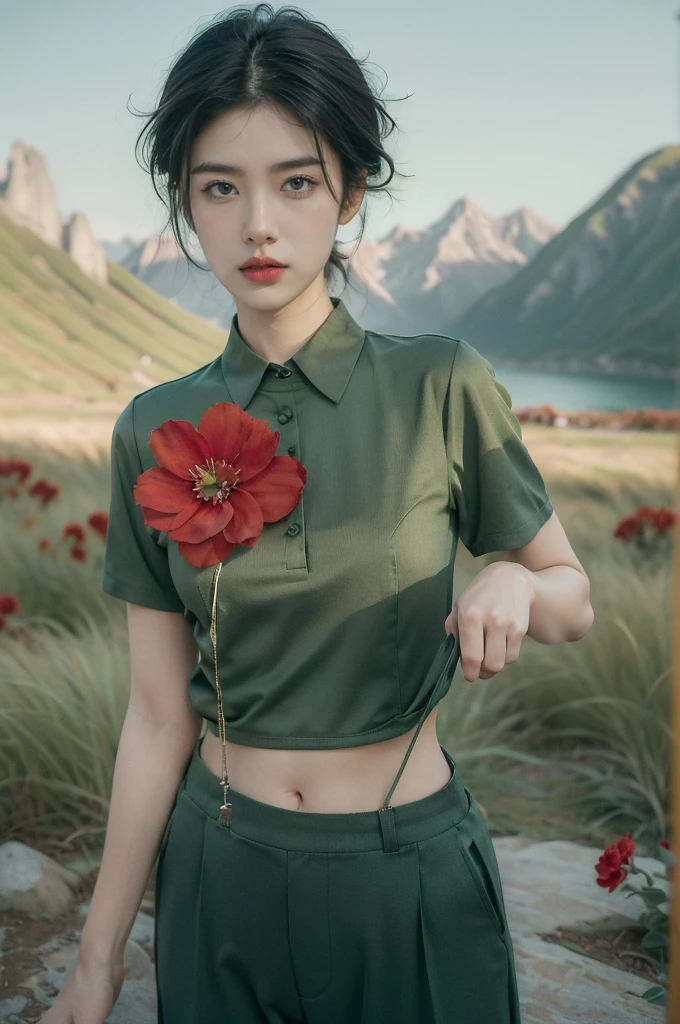 (((best quality))),(((ultra detailed))),(((masterpiece))),illustration,((1 beautiful girl,tomboy,solo)),(short black hair:1.3),((slim,thin)),((small breasts,thin)), vigorous, confident, (light green collared short-sleeved shirt:1.3), (dark green pants:1.2),(standing:1.3),simplicity, robustness, strong features, (Abandoned Gobi Scene:1.3),(Rock surface:1.2),glowing eyes, rebellious, sensible, (mountainous landscape:1.3), (only one vibrant red flower:1.3),elegance, unyielding spirit, youthful beauty, strength, resilience, adversity, challenges,((from front,upper body))