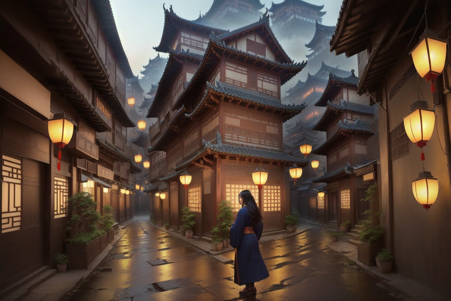 there is a narrow street,There are many buildings and plants, Dream China Town, china village, andreas rocha style, Cyberpunk ancient Chinese castle, Beautiful rendering of the Tang Dynasty, ancient city landscape, The ancient city streets behind her, author:Victor Wang, old asian village, Inspired by Zhang Sengyao, Pan Chengwei on artstation, In an ancient city , ((low angle shot 1.7)) ((Camera lens close to the ground to shoot 1.8))