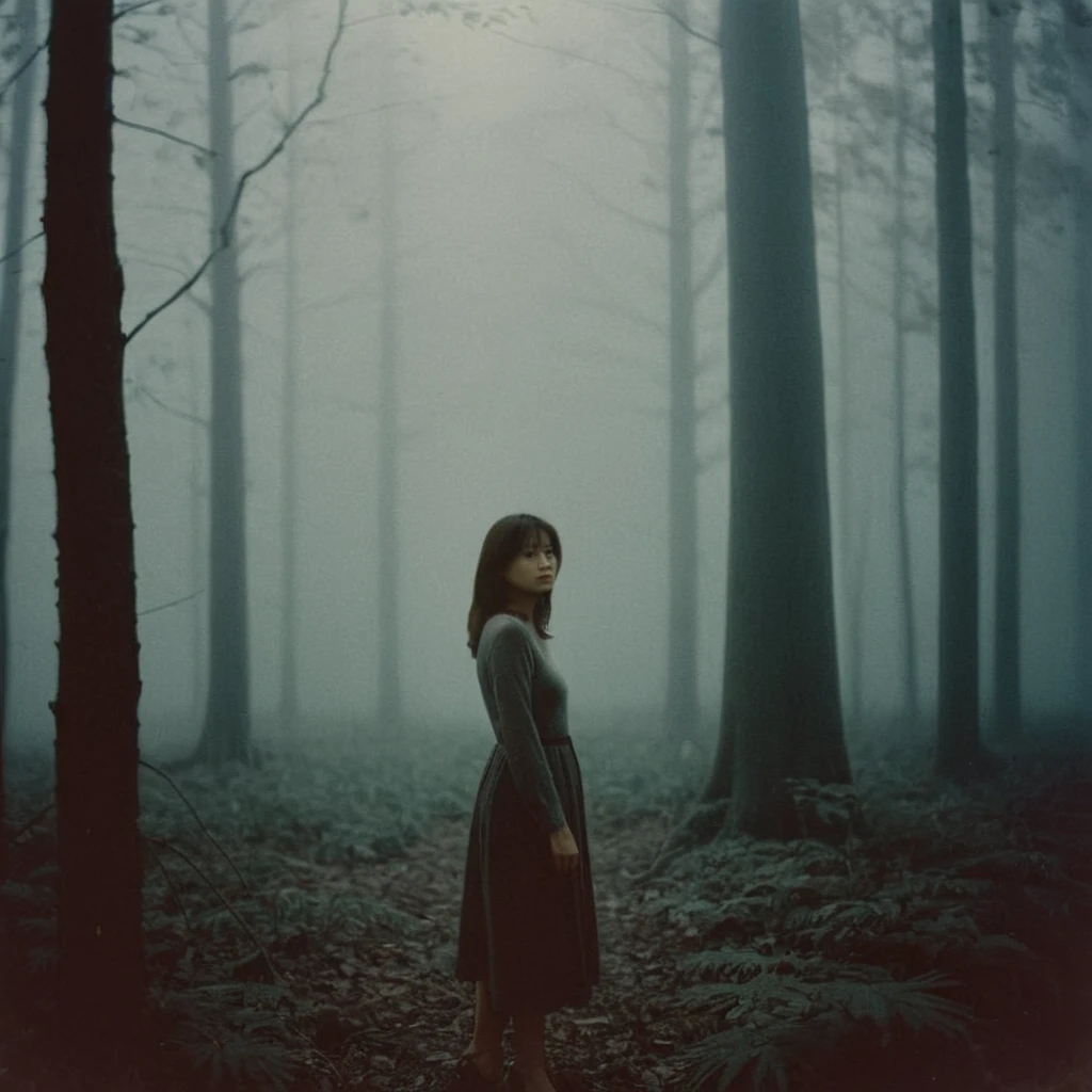 Radiant Darkness, a beautiful woman standing in a dark forest, fog, panasonic 35mm, a still melancholy scenery, disposable film, highres, tyndall effect, haze lighting, reality, polaroid photo 