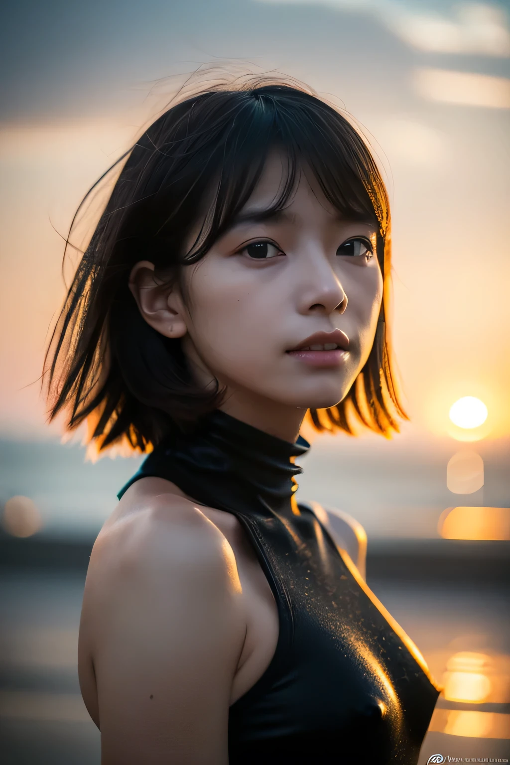 (Hyper Reality: 1.35), (Realistic: 1.4), A beautiful Japanese woman, smile, alone. light makeup, masterpiece, 最high quality, high quality, alone, Very good, puberty, Only one girl, Well-trained slim body, muscular, slim body, breasts apart, (最high quality)),((Very delicate and beautiful)),((Very shallow depth of field)), ((Incredibly shallow depth of field)). family friendly, ((Very delicate and beautiful)), (((Very shallow depth of field))), (((Unbelievably absurd))), dark brown hair, blowing boyish bob hair, shag messy hair, wolf cut, big hair, windで揺れる髪, Slim body type, ((( Camera Eye)))), (((small ))), Looks like a salon model, Cool face, Neutral facial features,(ecstasy:1.3) ,(slut:1.2),(vulgarity:1.3),(fucked silly:1.1),(steam:1.1),(Wet:0.8),(trembling:0.8),(tears:0.7) ,(drooling:0.6),(sweat:0.8),open mouth,  poor, my + background, Dynamic Angle, Focus on women, {Particles of light}, Detailed background, Soft lighting, (dramatic), sunset, very beautiful sunset, Live Action, Realistic, (blurred background), , (((wind))), ((Movement)), ((emotion)), ((colorful)), ((Baby Face)), Wither, sea background, No makeup, high neck, Sleeveless, latex, turtleneck, (((whole body))), 