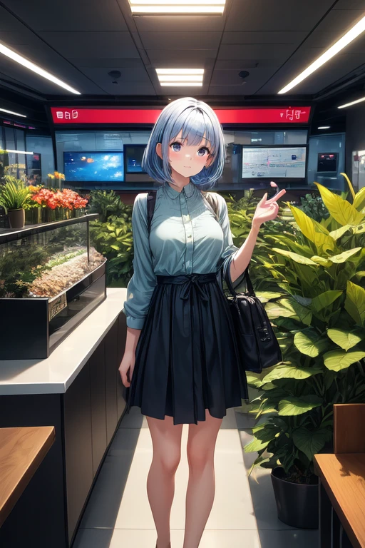 A girl around , a little more mature, active and wearing a casual dress, medium-long light ash blue hair, beautiful jade-colored almond eyes, about 150cm tall, outer space relay, spaceport lobby, there are a moderate number of people behind her, a check-in counter in the far right, a potted plant, a planet visible through the window on the left, holding a travel bag, standing to the right, looking out the window