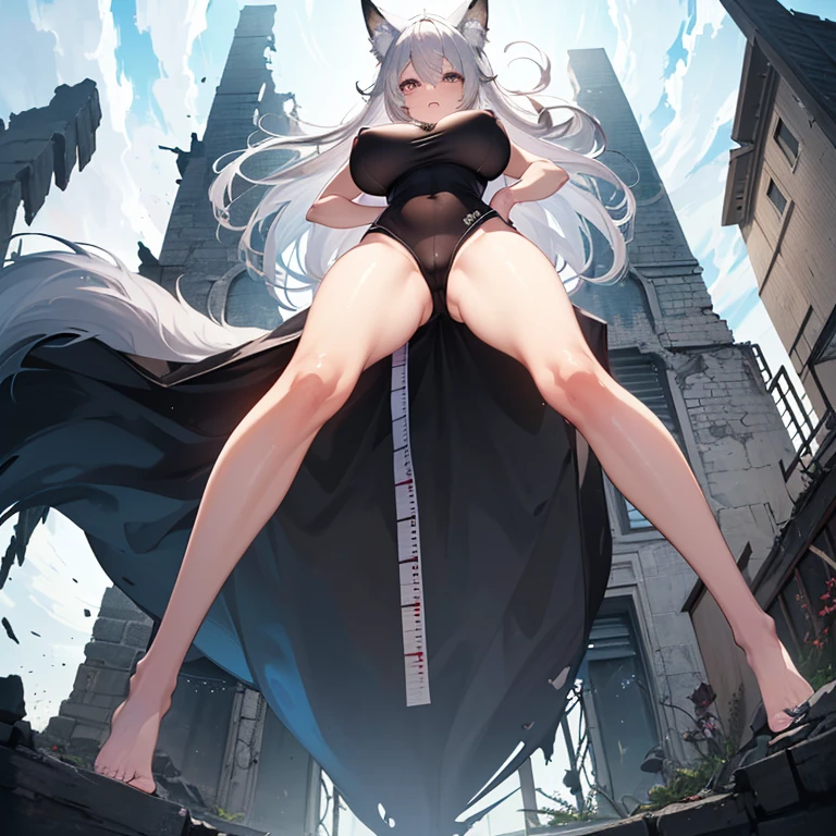(8k, Realistic, RAW Photos, Highest quality, (from below:2),looking at the camera: 1.3), (Fox Girl, Fox Ears, Silver Hair, One Girl, Long Hair, (Alone on the screen, dark skin), High definition:1.6), (頭以outsideは鎧, Too much exposure:2), (Body measurements are 99-55-77!, Height: 145cm, Nice body, Big Breasts, slender, muscle, (Stand with your legs apart, I can see the valley):1.9),(美しいface, Delicate drawing, It is written down in detail), Avatar, face, 色っぽいface, Dominant representation, naughty face, Uplifting, Skin Texture, outside, ruins, Ruined City, Broken Building, There are no people