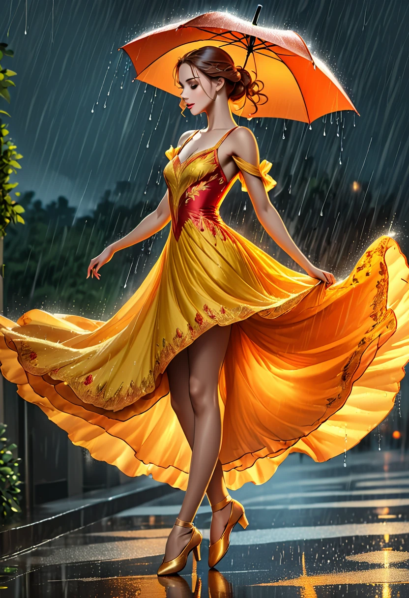 a portrait of female classical ballet prima ballerina dancing in the rain, a full body picture ((anatomically correct: 1.5)) of a exquisite beautiful female dancer wearing silk evening dress, intricate dress dynamic hair color, dynamic hair style, dynamic skin complexion, wearing ballet shoes, wearing thigh highs, ((she is standing in the middle of the rain storm: 1.5)),  she is wet, yet enjoys the dance in the rain, cloudy night, lightning storm, dynamic background, vibrant, Ultra-high resolution, High Contrast, (masterpiece:1.5), highest quality, Best aesthetics), best details, best quality, highres, 16k, (ultra detailed: 1.5), masterpiece, best quality, (extremely detailed) RAW, (ultra details, Masterpiece, best quality), Cinematic Hollywood Film, artxldnc, phoenix dress, 