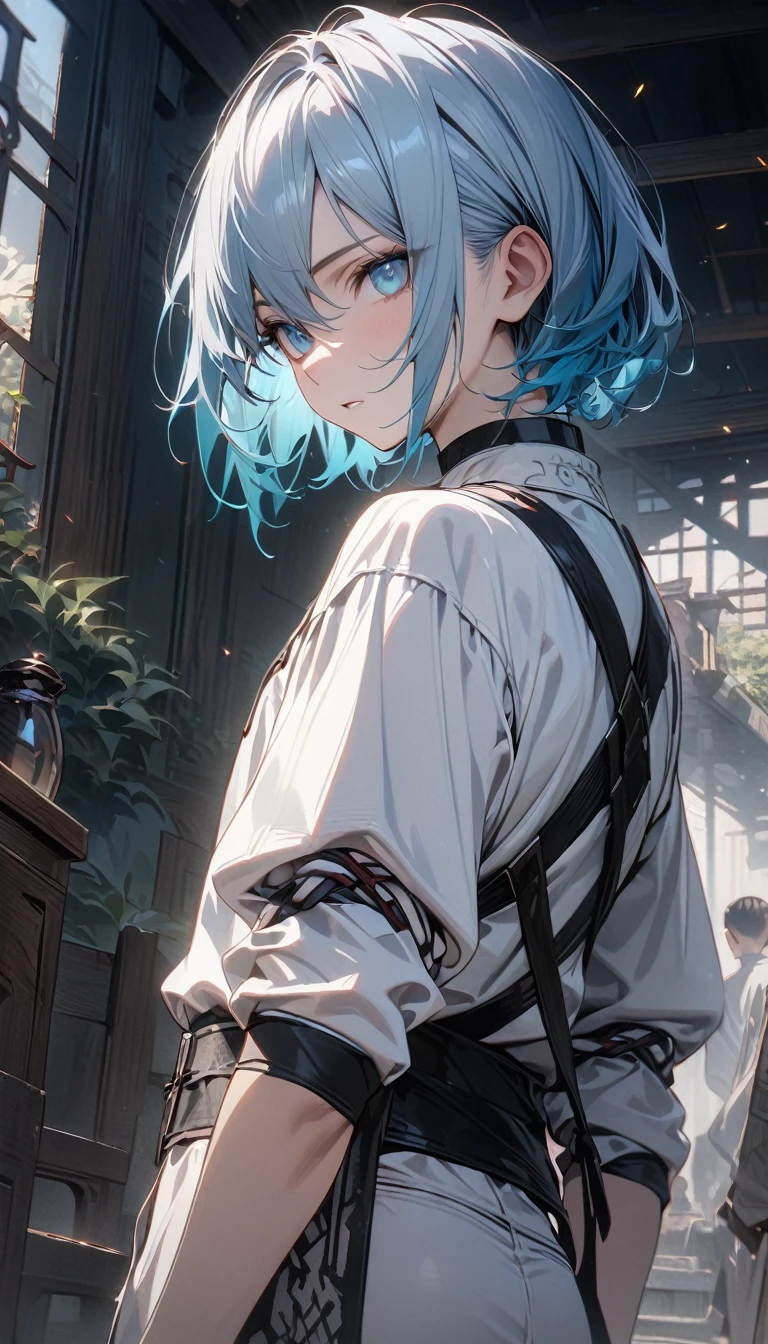 young boy, light dark blue hair, turquoise eyes, white tight Chinese shirt, short white sleeves, tight black sleeves, white Chinese pants, Chinese exorcist, Masterpiece, best quality, Full HD, 8k, ultra details, great graphic
