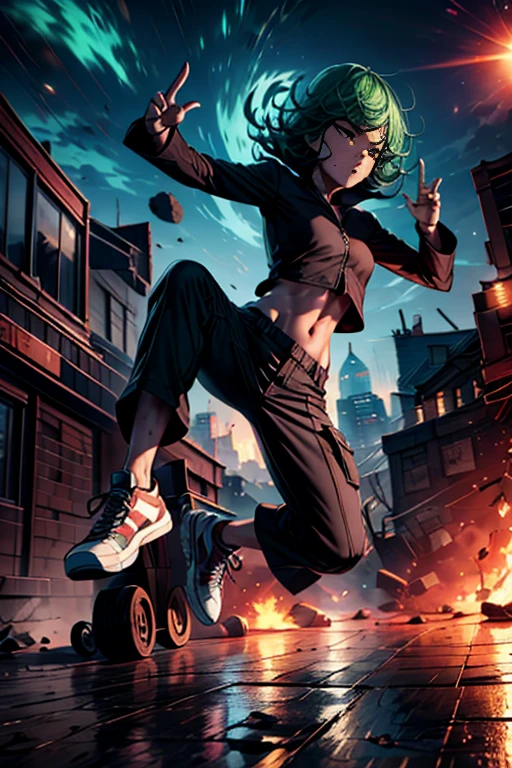 (masterpiece, best quality:1.2), Tatsumaki, beautiful face, solo, break dancing, power movements, strenuous movements, intense footwork, Dynamic Motion Blur, Sweat shines and pops, cyberpunk, lips apart, (green hair, brown eyes), Anatomically accurate hands and fingers, (crop top, cargo pants, sneakers), Fluttering hair, particles, atmosphere full of steam, professional lighting, cinematic lighting, Dynamic action scenes,  