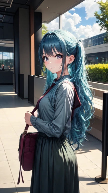A girl around 16 years old, a little more mature, active and wearing a casual dress, medium-long light ash blue hair, beautiful jade-colored almond eyes, about 150cm tall, outer space relay, spaceport lobby, there are a moderate number of people behind her, the check-in counter in the far right, a planet visible through the window to the left, she is holding a travel bag, standing to the right, looking out the window
