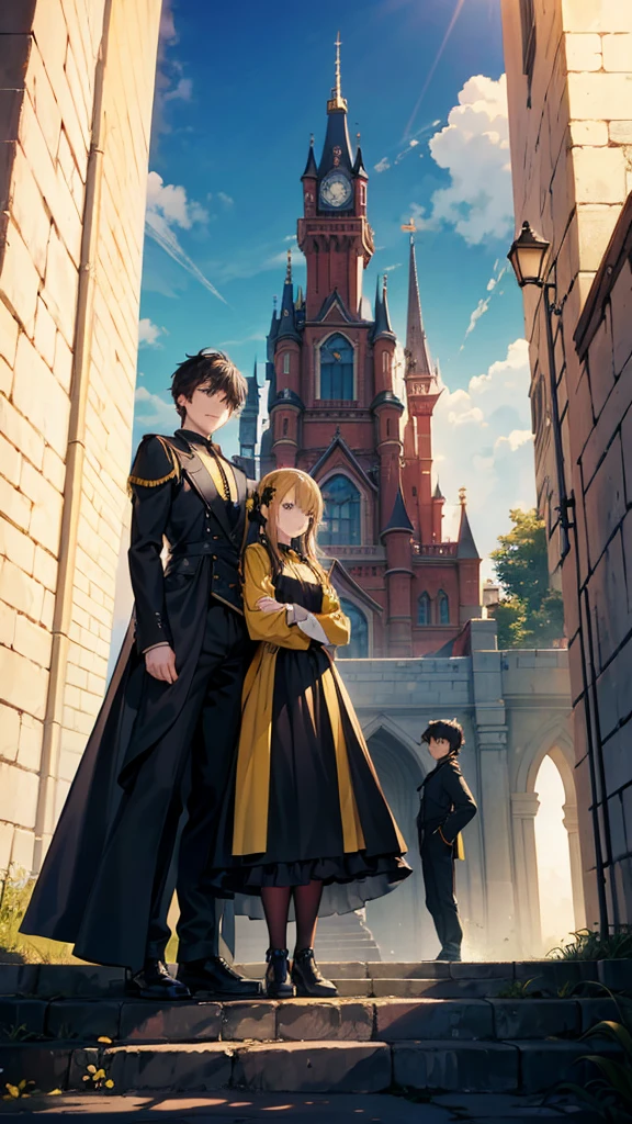 One Boy in Black and one girl in yellow standing in front of a castle on a mountain in big fantasy world.