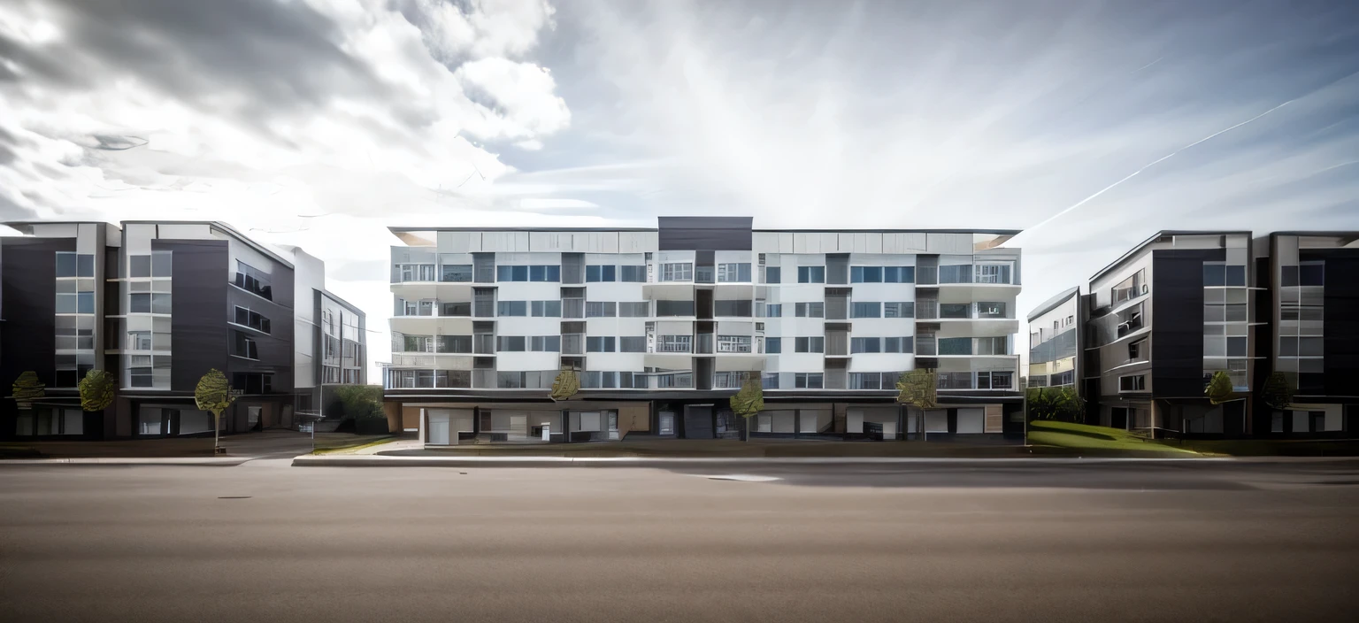 apartment exterior contemporary style, modernism, glass doors and windows,black metal rail, conwood ceilling, masterpiece, highquality, realistic photo, canon eos 5D mark, natural light,