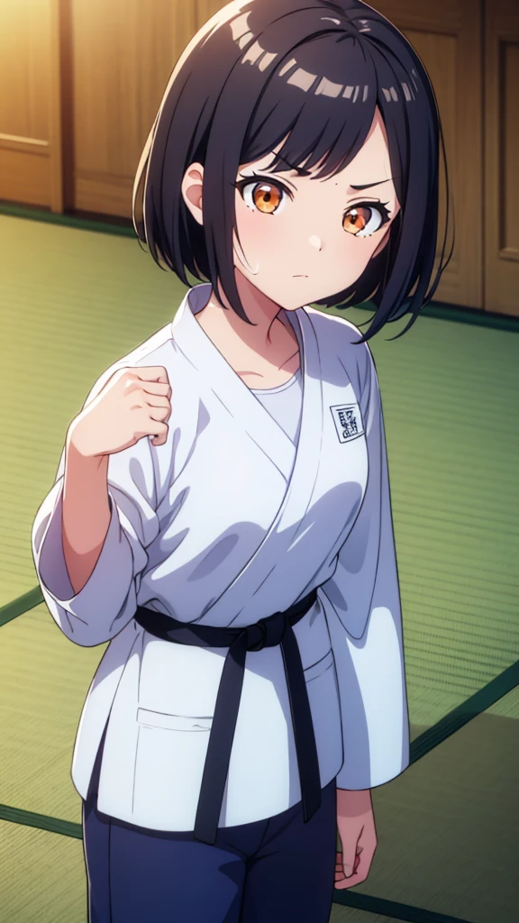 ((masterpiece, Highest quality, Very detailed, Very nice 8K CG wallpaper)), , A little thick, Medium Hair, Dark hair with a slight navy blue tint, short hair, dark orange eyes,judo player、長袖judo着、Large bust、ロングjudoパンツ、judo、Serious expression、Inside the judo Gymnasium、、On the tatami、discovery、One Girl、Ready for battle、A tough fight、Shiraishi Apricot、Bust Size D Cup、Sweating