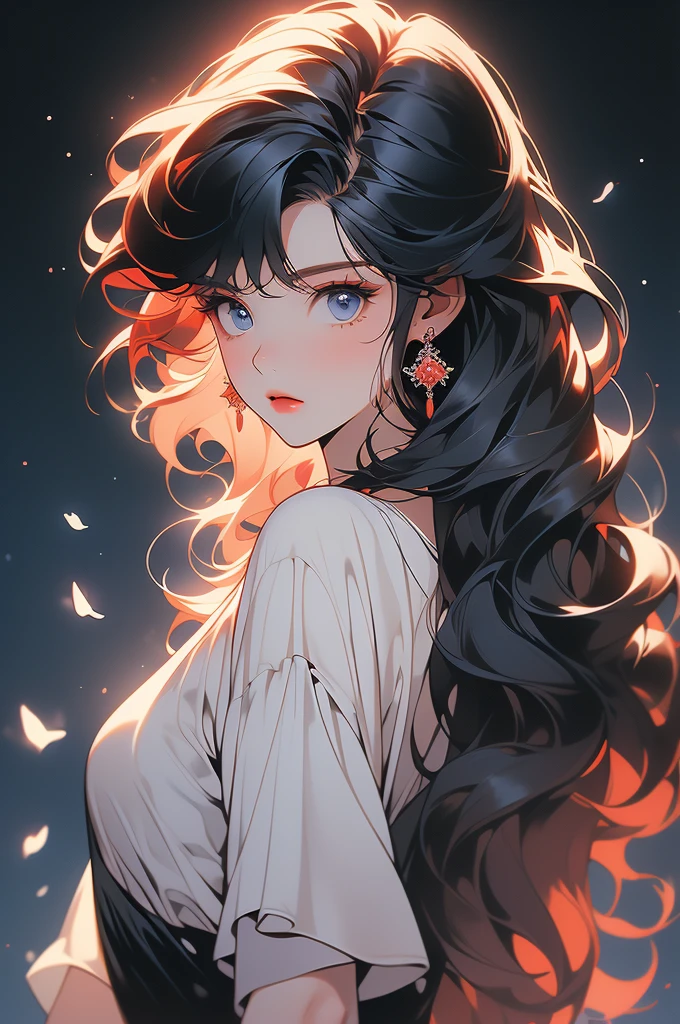 a stylized art of a woman in a pretty dress with red hair, 1girl, solo, jewelry, earrings, blue eyes, looking at viewer, mole, black background, red hair,((layered hair)), (((raised hair ends))), (((hair ends up))), (((black hair))), (((straight hair))) (long pointed bangs), (loose hair), (((short hair))),((short wavy hair))