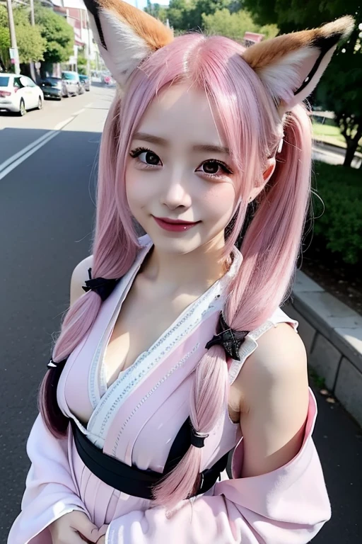 ((Pink Hair))、((Pink Hair))、((Twin tails))、((Highest quality、8k、masterpiece))、((Landmine Girl))、((Highest quality、8k、masterpiece))、Sharp focus:1.2、((Big smile))、(((Small fox ears)))、e 17 rl with perfect figure:1.4、Slim Abs:1.2、((Dark brown hair))、street:1.2、Highly detailed face and skin texture、fine grain、The chest is exposed、double eyelid、shoulder、Close-up of a woman in a kimono posing for a photo、Japanの女神、Japan人モデル、white、((Small breasts))、Shrine maiden costume、Japan、Drawing attractive anime girls。Cleavage