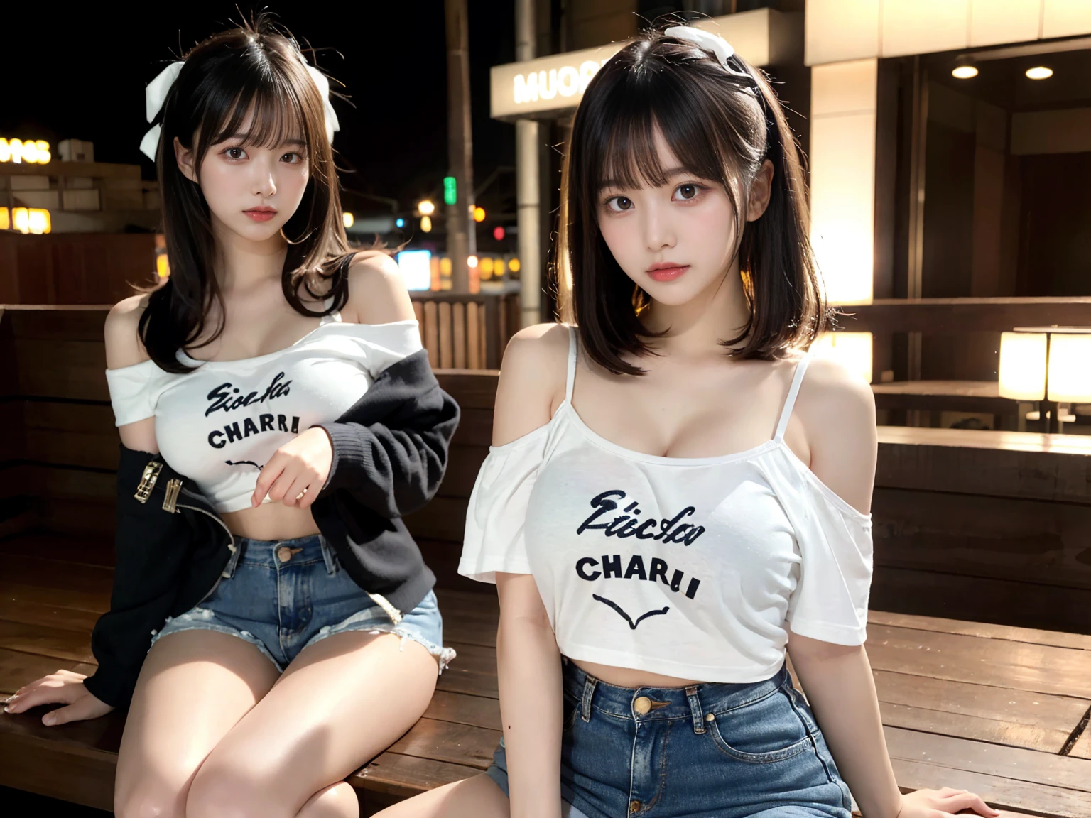 masterpiece, highest quality, figure, Super detailed, small details, High resolution, 8k,wallpaper, Perfect dynamic composition,(Detailed high quality, realistic depiction of eyes:1.3), 2 girls, Off-the-shoulder T-shirt and denim mini shorts, short bob hair, black hair color, big natural color lip, bold sexy pose, (perfect body shape), crying a little、harajuku style、20 year old girl、cute type、Lolita、beautiful feet, night club, Burning idol pose, plump thighs, after sex,(heart:1.3), Sweat