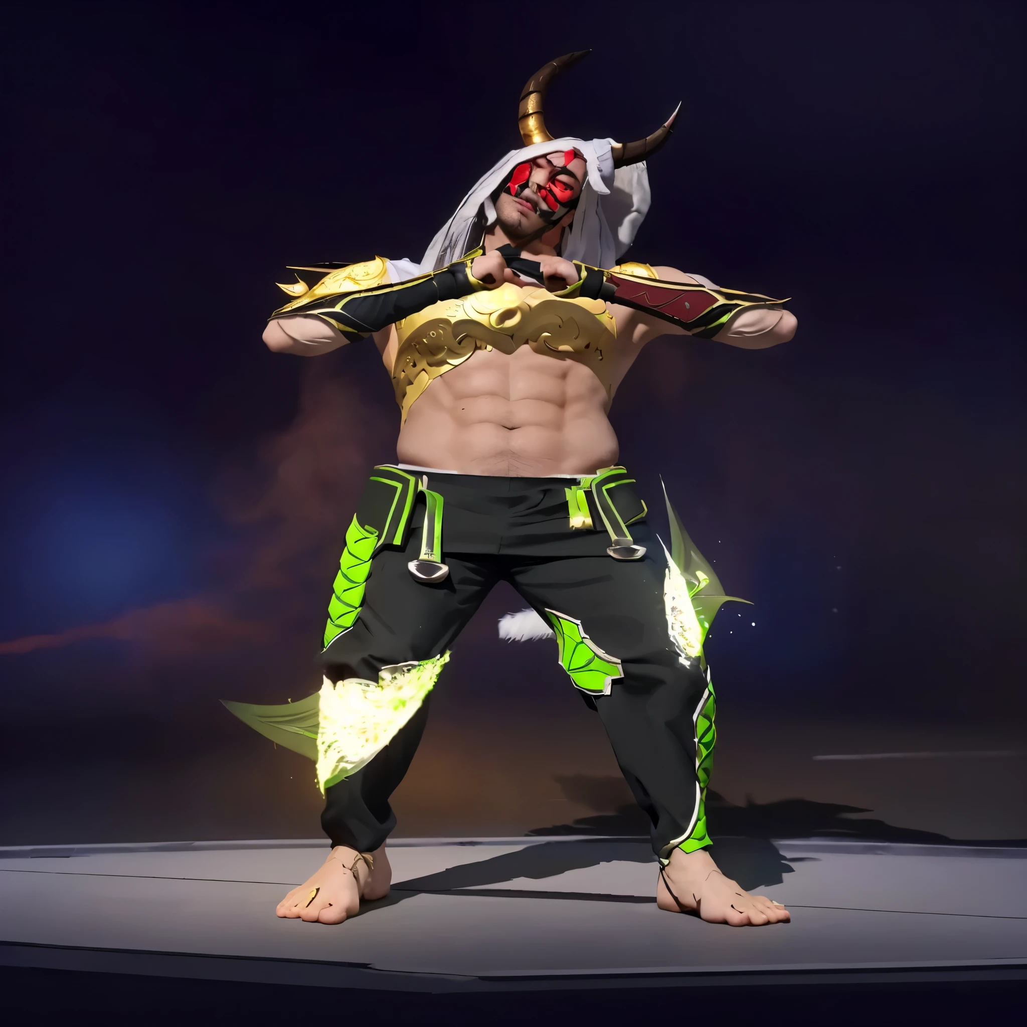 arafed man in a costume with a horned head and a sword, full body picture, as a character in tekken, inspired by Huang Shen, inspired by Yang Jin, tane skin, skinny male fantasy alchemist, fighting game character, inspired by Jang Seung-eop, fullbody shot, heroic masculine pose, full body wuxia, male rogue, sigma male