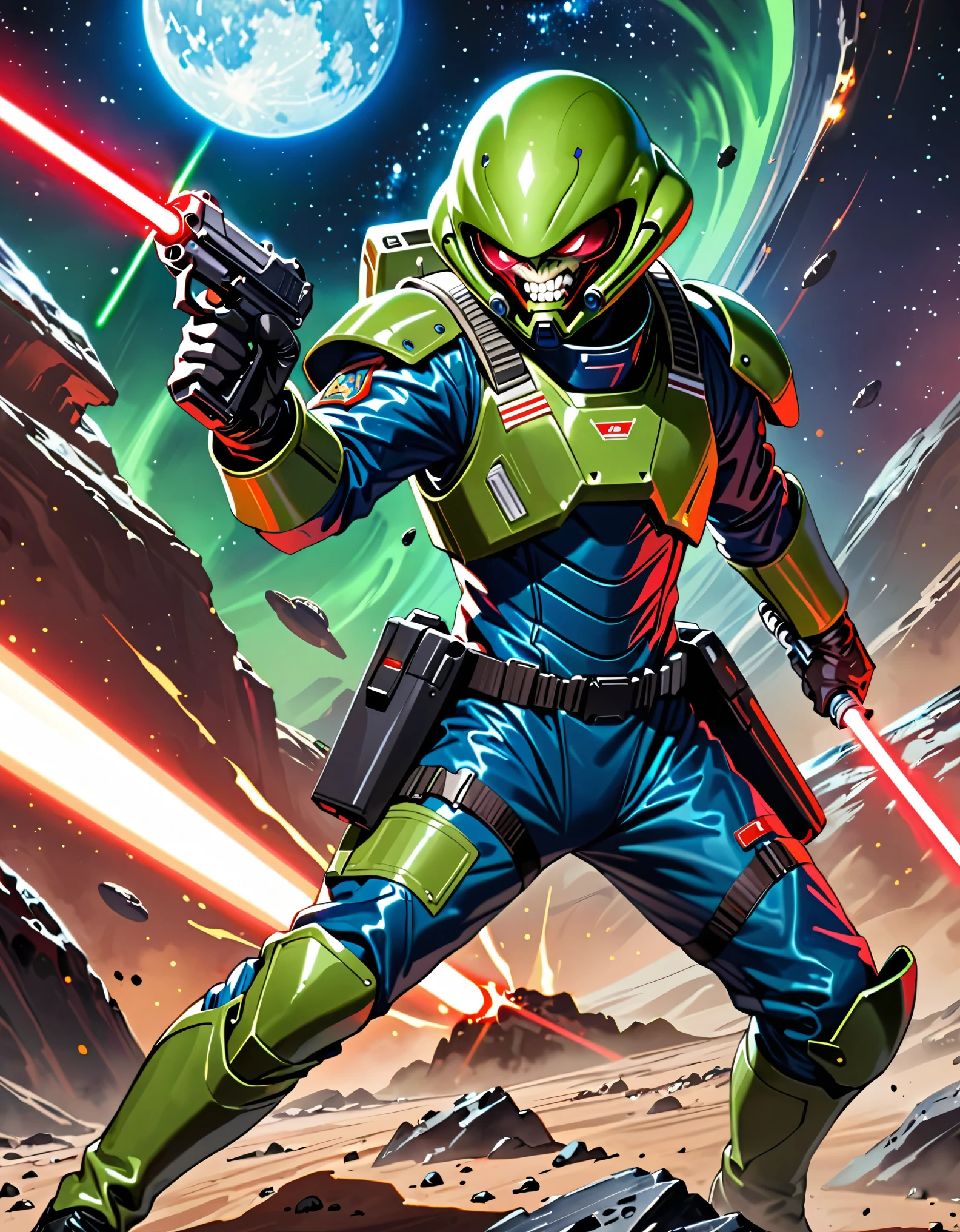 (masterpiece), (best quality), (hires), 1male, male focus, alien, extraterrestrial, (human face, angry, clenched teeth) ((green-skinned male)), solo, solo focus, An alien man in a dark blue military officer suit, spacesuit, general's hat, holding lightsaber on one and a blaster pistol in the other, black combat boots, silver space armor, desolate moon background, warlike atmosphere, signaling to charge, dark red eyes, cowboy shot, black gloves, matching boots.