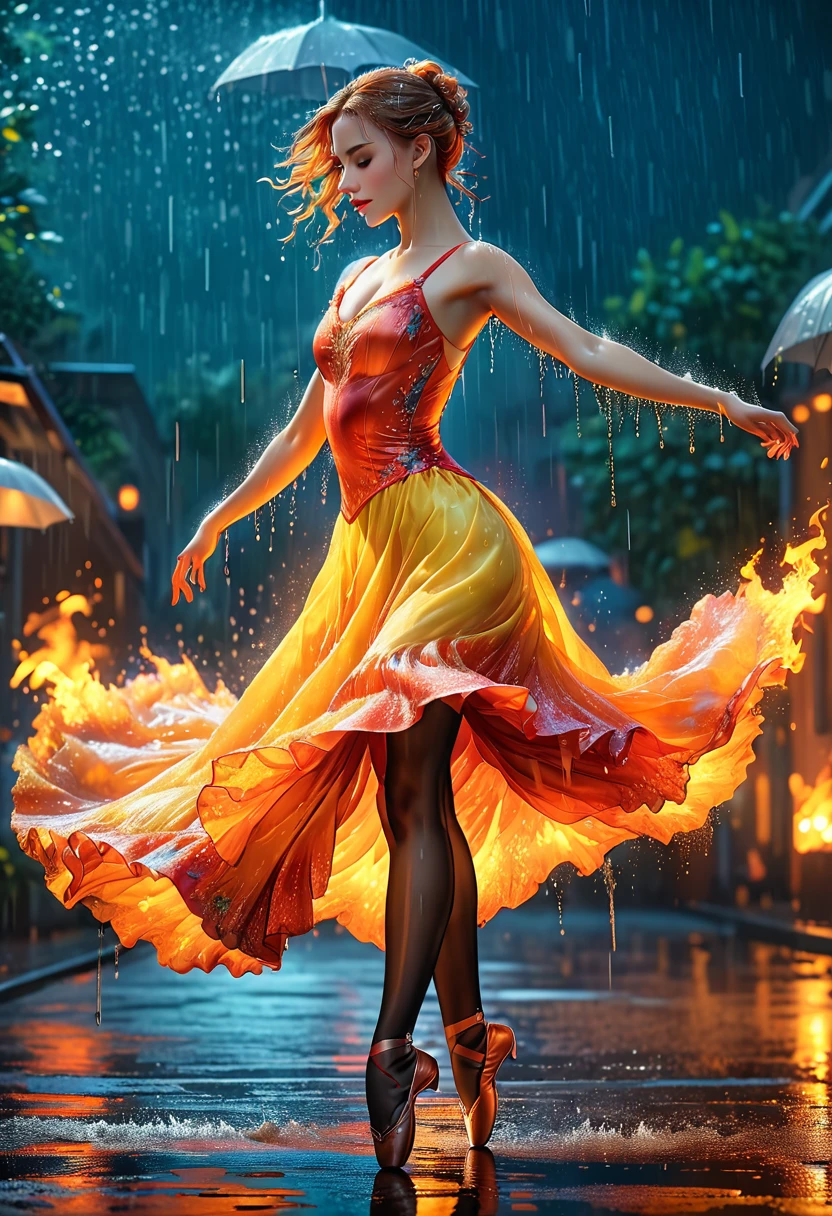 a portrait of female classical ballet prima ballerina dancing in the rain, a full body picture ((anatomically correct: 1.5)) of a exquisite beautiful female dancer wearing silk evening dress, intricate dress, (dress is on fire: 1.3), dynamic hair color, dynamic hair style, dynamic skin complexion, wearing ballet shoes, wearing thigh highs, ((she is standing in the middle of the rain storm: 1.5)),  she is wet, yet enjoys the dance in the rain, cloudy night, lightning storm, dynamic background, vibrant, Ultra-high resolution, High Contrast, (masterpiece:1.5), highest quality, Best aesthetics), best details, best quality, highres, 16k, (ultra detailed: 1.5), masterpiece, best quality, (extremely detailed) RAW, (ultra details, Masterpiece, best quality), Cinematic Hollywood Film, artxldnc, 