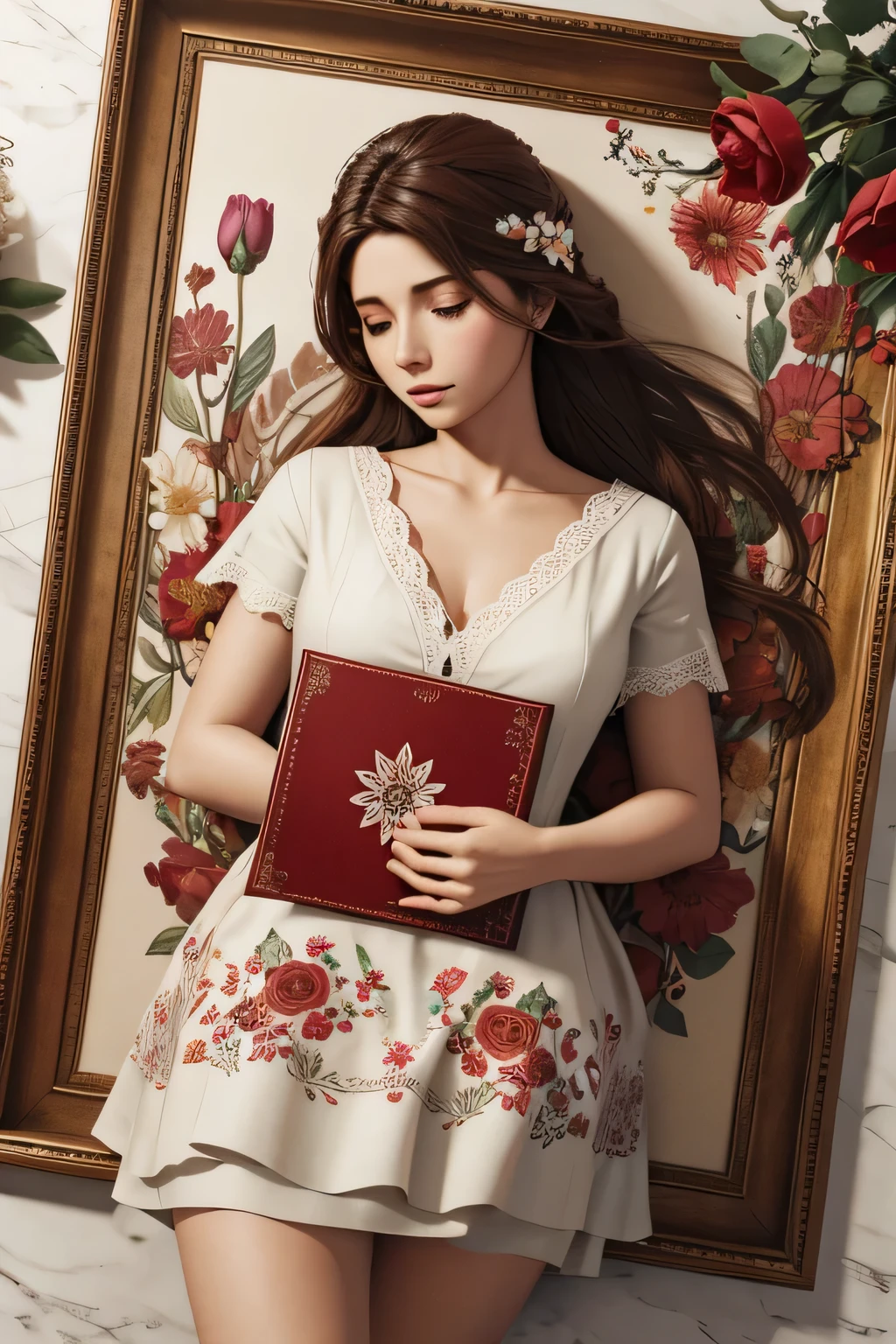 A 3D notebook, cover with red flowers, a hand pretending to be drawing,.the flower