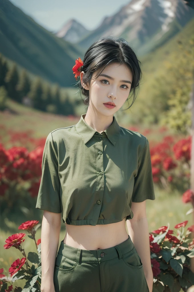 (((best quality))),(((ultra detailed))),(((masterpiece))),illustration,((1 beautiful girl,tomboy,solo)),(short black hair:1.3),((slim,thin)),((small breasts,thin)), vigorous, confident, (light green collared short-sleeved shirt:1.3), (dark green pants:1.2),(standing:1.3),simplicity, robustness, strong features, (Abandoned Gobi Scene:1.3),(Rock surface:1.2),glowing eyes, rebellious, sensible, (mountainous landscape:1.3), (only one vibrant red flower:1.3),elegance, unyielding spirit, youthful beauty, strength, resilience, adversity, challenges,((from front,upper body))
