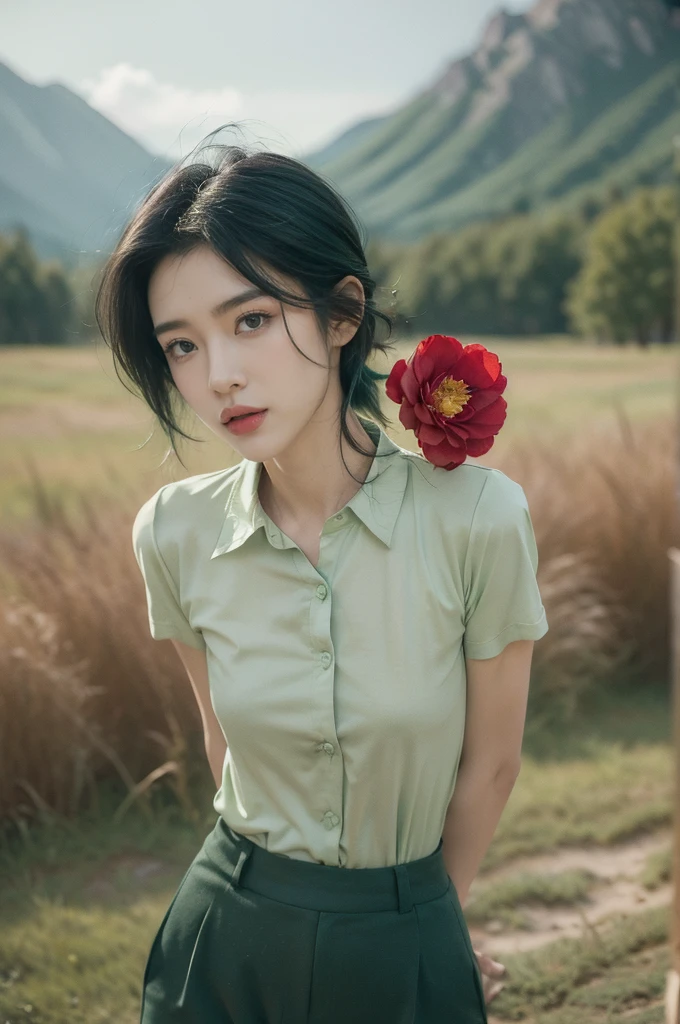 (((best quality))),(((ultra detailed))),(((masterpiece))),illustration,((1 beautiful girl,tomboy,solo)),(short black hair:1.3),((slim,thin)),((small breasts,thin)), vigorous, confident, (light green collared short-sleeved shirt:1.3), (dark green pants:1.2),(standing:1.3),simplicity, robustness, strong features, (Abandoned Gobi Scene:1.3),(Rock surface:1.2),glowing eyes, rebellious, sensible, (mountainous landscape:1.3), (only one vibrant red flower:1.3),elegance, unyielding spirit, youthful beauty, strength, resilience, adversity, challenges,((from front,upper body))