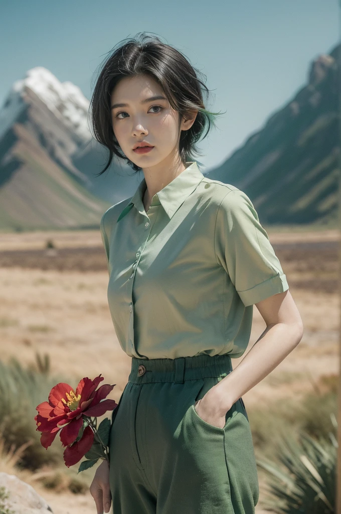 (((best quality))),(((ultra detailed))),(((masterpiece))),illustration,((1 beautiful girl,tomboy,solo)),(short black hair:1.3),((slim,thin)),((small breasts,thin)), vigorous, confident, (light green collared short-sleeved shirt:1.3), (dark green pants:1.2),(standing:1.3),simplicity, robustness, strong features, (Abandoned Gobi Scene:1.3),(Rock surface:1.2),glowing eyes, rebellious, sensible, (mountainous landscape:1.3), (only one vibrant red flower:1.3),elegance, unyielding spirit, youthful beauty, strength, resilience, adversity, challenges,((from front,upper body))