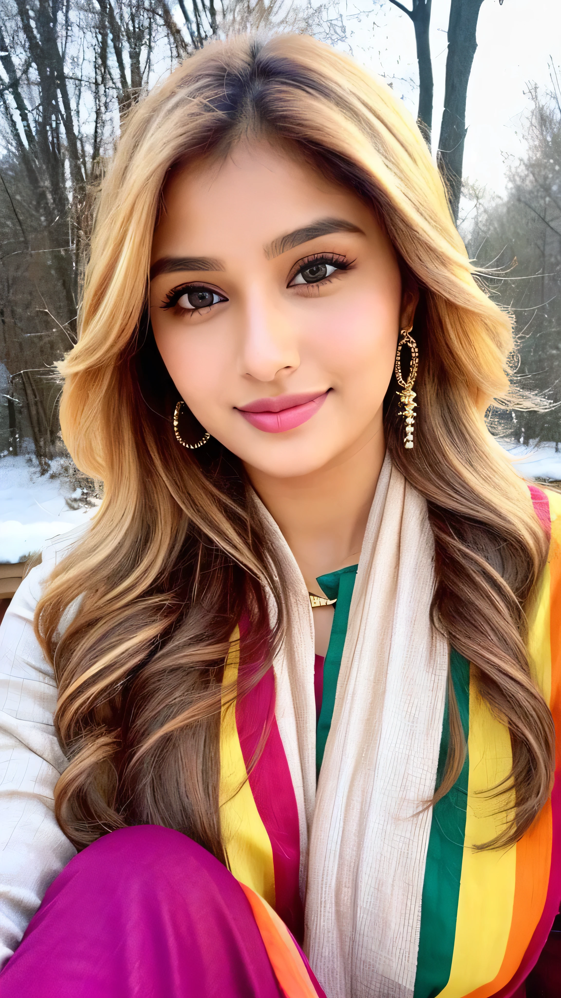 lovely cute young attractive indian girl, brown eyes, gorgeous actress, 25 years old, cute, an Instagram model, long blonde_hair, colorful hair, winter, Indian, wearing salwar-kameez and dupatta