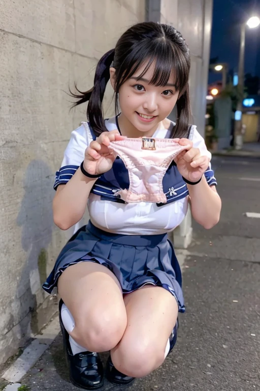 Highest quality, masterpiece, Ultra-high resolution, (reality: 1.4), Original photo, 1 female, mature, smile, short hair, Plump body, , Cinema Lighting, Exact finger count、Exact number of legs、(Exact number of arms:1.0, Exact number of hands:1.0), (Perfect hands, Perfect Anatomy), Cinematic, reality的, Extremely detailed CG, night lighting, Perfect lighting, Best Shadow, The best natural light, smile, ((Woman showing off her panties:1.3)), (school uniform, Sailor suit, Knee-high socks, loafers, Navy pleated mini skirt:1.3), (Sexy and cute panties), (Stylish shiny satin pink panties:1.2), Side tie panties, Lace panties:1, Feeling embarrassed, (blush:1.2), (Embarrassed expression:1.4), (On the streets of the entertainment district at night:1.3), Angle from the front