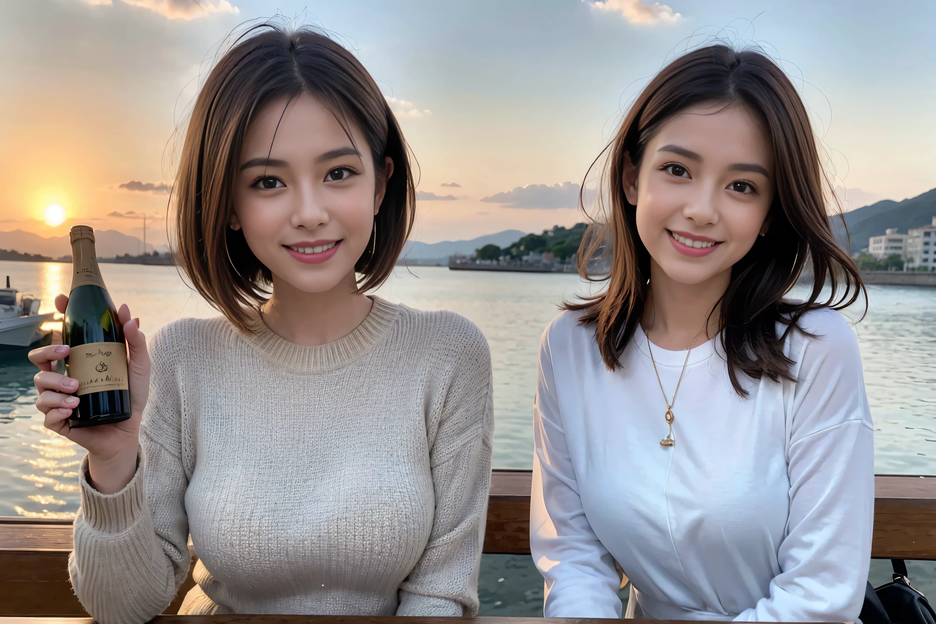 (Realistic:1.1),(masterpiece,Highest quality),8k,(49 years old), 50 years old, slimカップル、Tight waist,Upper Body,full-course dinner、wine 、Amazing view of the sunset sky and clouds、Perfect Anatomy, Brown Hair, short hair,Random Hairstyles,((Highly detailed face and eyes:1.2)),Perfect golden ratio face,Long sleeve shirt、dress,(smile:1.2)、Shortcuts、cute、(Realistic, Intricate details:1.2), A bright smile、short hair,Bright Face、赤wine 、Appetizers、Italian food、wine bottle、Champagne、スパークリングwine、(slimな顔), (The body is slim), (Brown Hair), (Shortcuts), Upper Body, 白wine, slim, wineグラス,