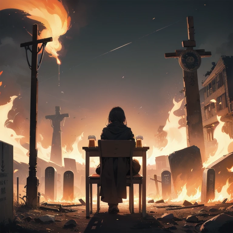 1girl, alone, lonely, sad, depressing, dark, cinematic, (watching the world burn), apocalypse, world ending, ruined buildings, dynamic shot, madness, glee, disappointment, stand above all, against the odds, desperate prayer, grim fate, cruel hope, death awaits, (high-fantasy), ((((drinking beer on a lone chair in the middle of nowhere)))), ((fire all around)), ((burning flames all around)), cinders, blaze, ((gravestones everywhere)), ((neon red swords piercing ground)), ((unlimited blade works))