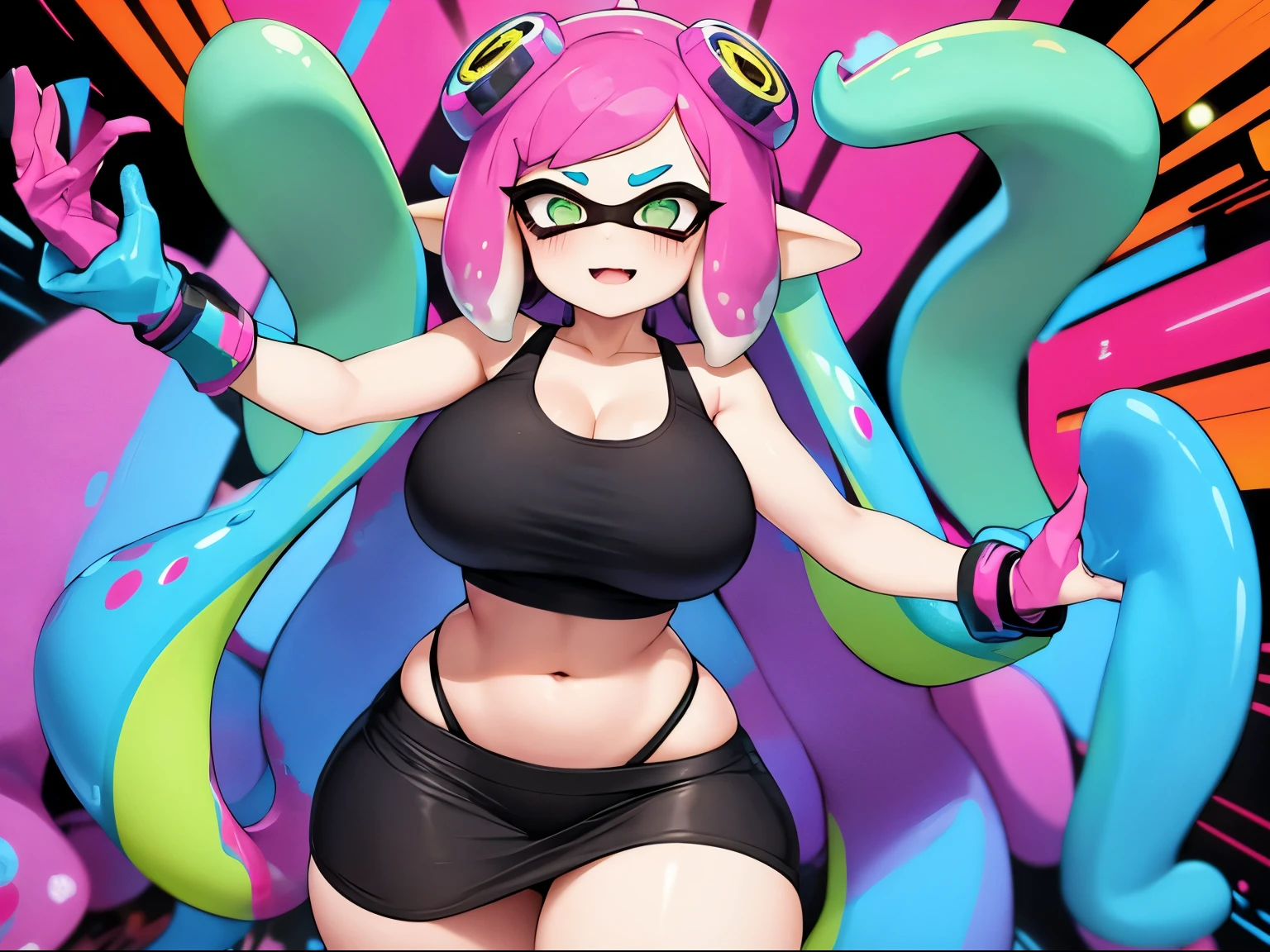 "Young girl character with squid-like features, around early teenage years, wearing a vibrant and stylish outfit. She has short bob hair that is tentacle-like, flowing and colored in bright, vivid hues like neon green or electric blue. She has large, expressive eyes and a confident, playful expression. The character has a voluptuous figure with a tank top and mini skirt. The background is a dynamic urban setting with graffiti art and splashes of colorful ink, capturing the energetic and lively atmosphere of the game Splatoon."