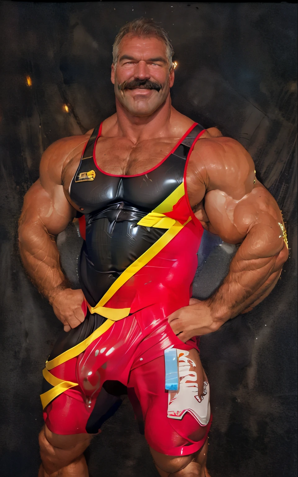 full body portrait, strong burly hairy mature older man(space captain), wearing futuristic captain's uniform insignia (neon and black) (open and revealing) (latex) , gray hair, reflective sunglasses (neon yellow rims), broad shoulders, round belly, thick feet, bulging micro thong, barefoot, scifi spaceship captain uniform, neon lights, best quality elegant masterpiece, face looks like Tom Selleck (Magnum PI) , military buzzcut, dark mustache, gray stubble, latex, wearing a latex thong, big bulging crotch, futuristic gear equipment, wearing see through plastic chest armor (neon yellow and electric blue), wearing neon yellow see through chest armor, wearing electric blue latex chaps(see-through) , wearing cool neon sneakers,in spaceship cockpit, lying in spaceship sleeping quarters(bed) (view from above), smiling with teeth showing, nicebulge, waiting in bed, glowing armor, legs up(!) and spread(!) , big muscle ass, wet and dripping ass, visible asshole(!) , wet asshole, hairy pecs, thick long legs, silver hair
