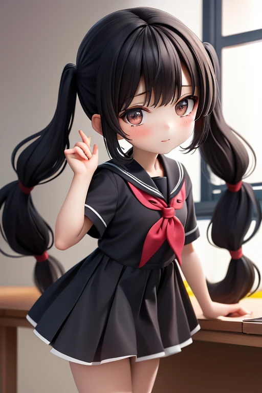 Young girl,,Primary school students,Wear a dress,Black Hair,Long Hair, Low twin tails
