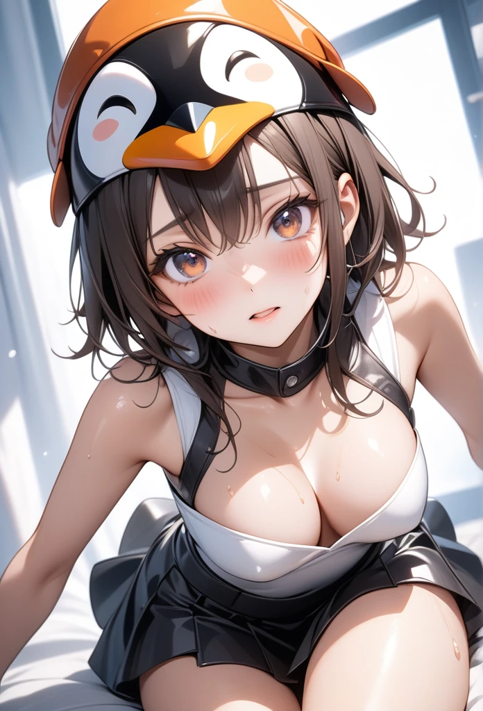 (((((Penguin costumes)), skirt, (((Penguin hat)))))), ((Shiny Costumes)), skindentation, skinny, solo, 1 woman, Masterpiece, highest quality, highest quality, 16K, incredibly absurd, highly detailed, 2.5D, ai-generated, delicate and dynamic, very delicate facial expressions, delicate eye depiction, erotic, only sexy woman, ((A cute and kind face)), healthy figure, ((25-year-old woman)), 160cm tall, medium firm swaying bust, , blush, Sweat,Embarrassed,sexy, ((thin thighs)), (camel toe:0.7), (visible nipples:0.3), (Erect nipples,:0.7), shiny and lustrous, facing straight at viewer, (((in heat))), ((Oily_skin)), ((Lots of sweat)), (((Brown Skin))), ((dutch angle)), ((erotic pose)), (((Collapsed from heat stroke))), ((reclining)),