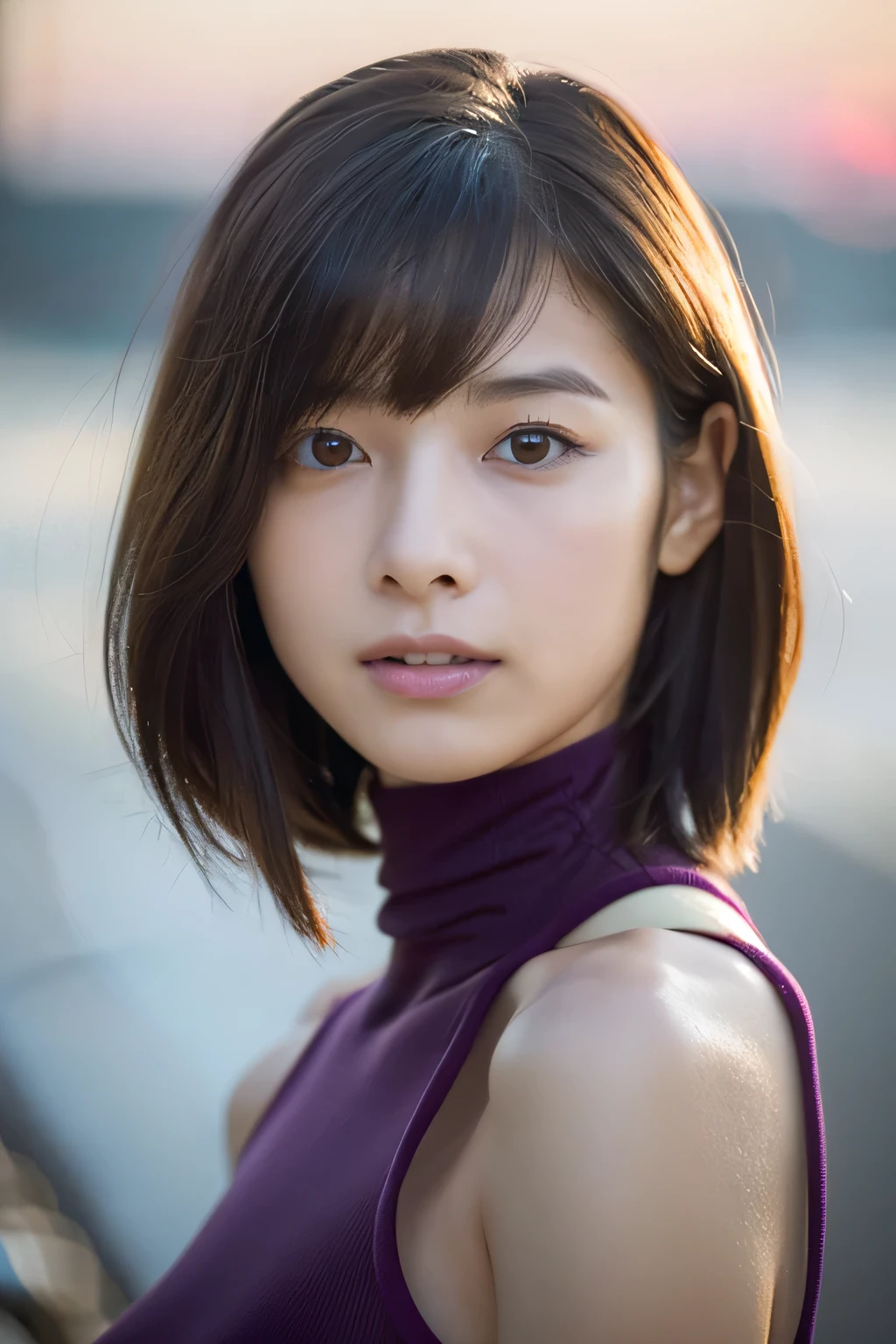 (Hyper Reality: 1.35), (Realistic: 1.4), A beautiful Japanese woman, smile, alone. light makeup, masterpiece, 最high quality, high quality, alone, Very good, puberty, Only one girl, Well-trained slim body, muscular, slim body, breasts apart, (最high quality)),((Very delicate and beautiful)),((Very shallow depth of field)), ((Incredibly shallow depth of field)). family friendly, ((Very delicate and beautiful)), (((Very shallow depth of field))), (((Unbelievably absurd))), dark brown hair, blowing boyish bob hair, shag messy hair, wolf cut, big hair, windで揺れる髪, Slim body type, ((( Camera Eye)))), (((small ))), Looks like a salon model, Cool face, Neutral facial features,(:1.3) ,(slut:1.2),(vulgarity:1.3),(fucked silly:1.1),(steam:1.1),(Wet:0.8),(trembling:0.8),(tears:0.7) ,(drooling:0.6),(sweat:0.8),open mouth,  poor, my + background, Dynamic Angle, Focus on women, {Particles of light}, Detailed background, Soft lighting, (dramatic), sunset, very beautiful sunset, Live Action, Realistic, (blurred background), 15 years old, (((wind))), ((Movement)), ((emotion)), ((colorful)), ((Baby Face)), Wither, sea background, No makeup, high neck, Sleeveless, , turtleneck, (((whole body))), 