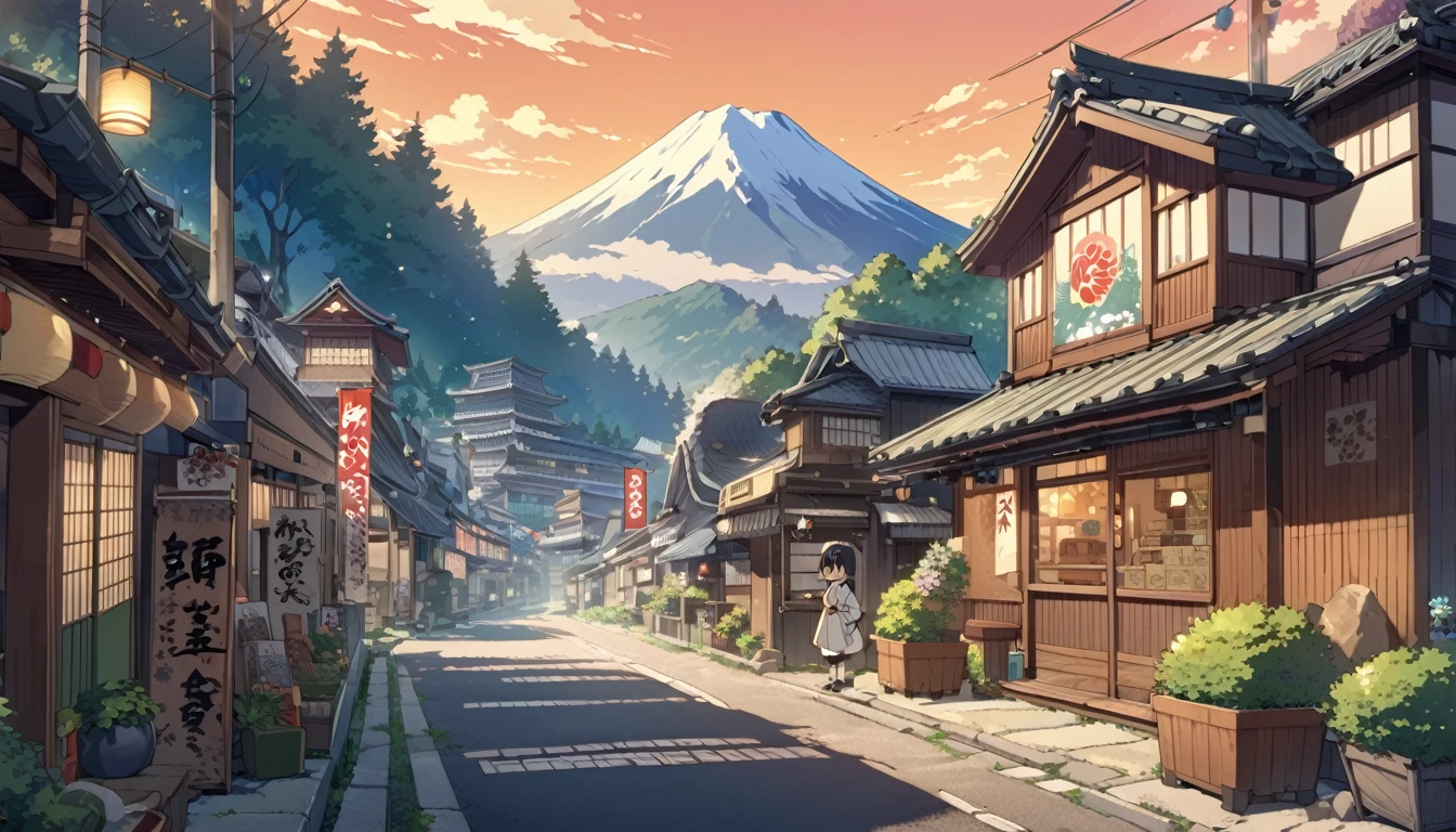 the masterpiece,anime background, anime wallpaper, anime, anime style, admiration, admiration style,, mountains, uphill, japanese showa era architecture, small japanese shops, big retro japanese shop signs, retro japan shop, tree, plant, rock, flowerpot, shop sign, japanese banner, japanese sign, flag, sunrise, golden hour, golden lighting, empty street, nobody in sight, (nobody: 1), Top quality, ghibli, Taisho Roman,lofi art