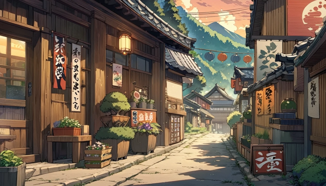 the masterpiece,anime background, anime wallpaper, anime, anime style, admiration, admiration style,, mountains, uphill, japanese showa era architecture, small japanese shops, big retro japanese shop signs, retro japan shop, tree, plant, rock, flowerpot, shop sign, japanese banner, japanese sign, flag, sunrise, golden hour, golden lighting, empty street, nobody in sight, (nobody: 1), Top quality, ghibli, Taisho Roman,lofi art