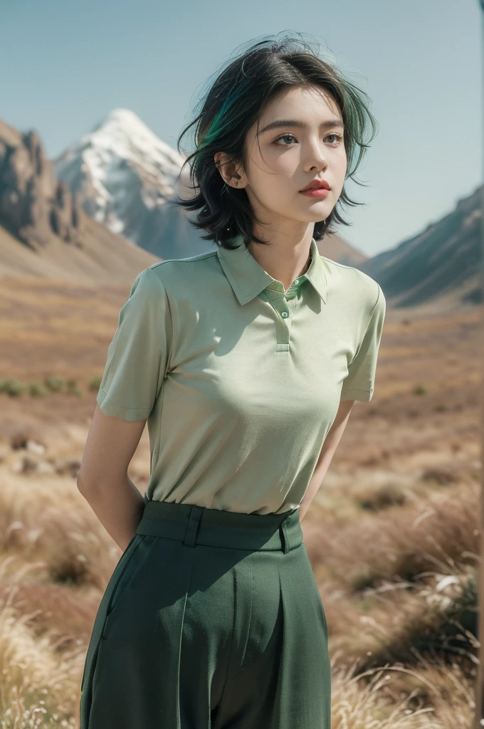 (((best quality))),(((ultra detailed))),(((masterpiece))),illustration,((1 beautiful girl,tomboy,solo)),(short black hair:1.3),((slim,thin)),((small breasts,thin)), vigorous, confident, (light green collared short-sleeved shirt:1.3), (dark green pants:1.2),(standing:1.3),simplicity, robustness, strong features, (Abandoned Gobi Scene:1.3),(Rock surface:1.2),glowing eyes, rebellious, sensible, (mountainous landscape:1.3), (vibrant colorful flowers:1.3),elegance, unyielding spirit, youthful beauty, strength, resilience, adversity, challenges,((from front,upper body))
