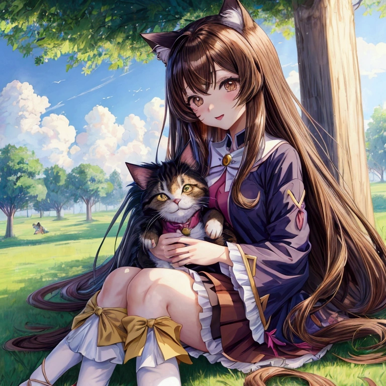 anime girl with long brown hair sitting on grass with a cat, красивая anime girl-кошка, beautiful anime girl, anime girl with long hair, seductive anime girl, Very beautiful anime cat girl, cute anime girl, attractive anime girl, Holo - wolf girl, cute anime cat girl, beautiful charming anime woman, (anime girl), Beautiful anime woman