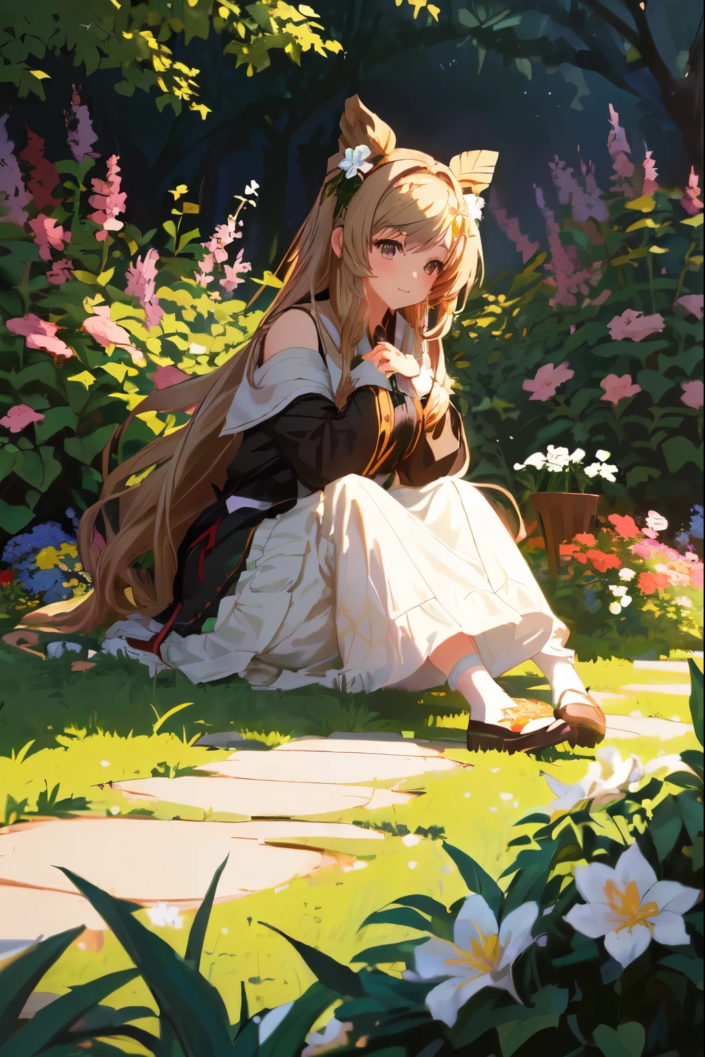 anime girl sitting on the ground in the garden with flowers, Anime girl with long hair, she center now, in the garden, in the garden, sitting in the garden, high quality anime style, anime curvy john 8k forest, anime Mo artstyle, Ilya Kuvshinov with long hair, Gouvez on Pixiv Artstation