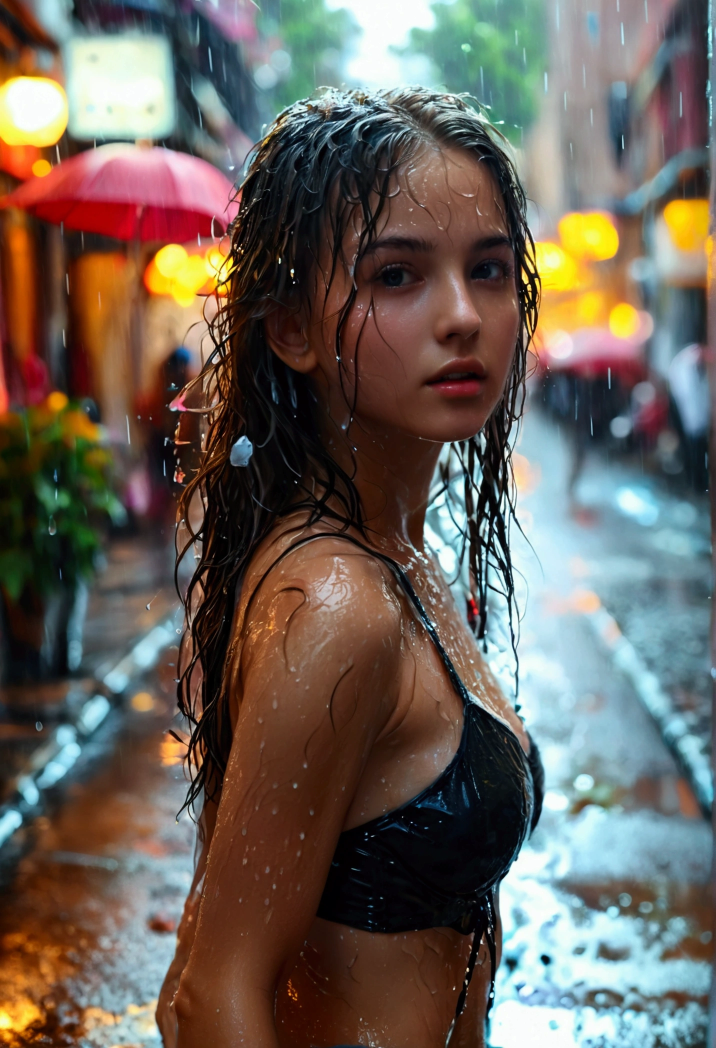Beautiful girl walking in street, looking at camera, wet street with rain, girls long strait hair wet, girls clothes wet, full body view, wearing short pants and shirt without underwear, we'll lighted area, (detailed face and eyes), light shining onto girl, girl not wearing a bra under wet clothes.