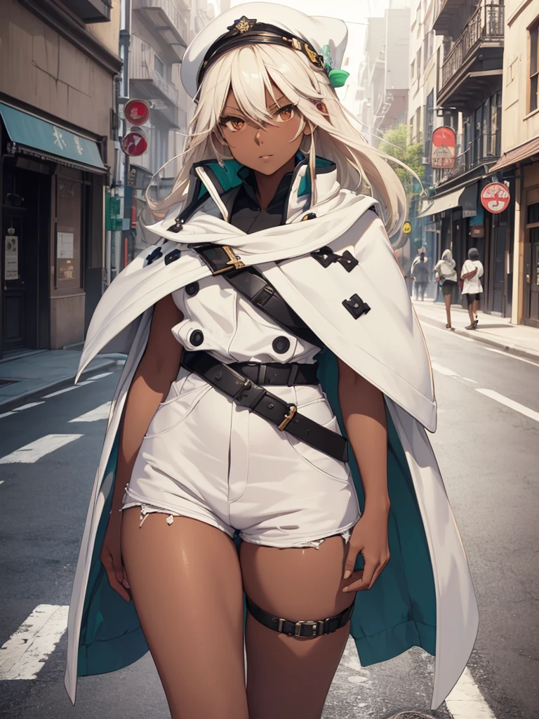 (​masterpiece、top-quality、hight resolution、Unity 8k、extremely details CG:1,Best Picture), A woman who nonchalantly picks up the protagonist, (dressed in a manner compliant with LoRa attire), On an empty street, nsfw, (((dark skin))), ramlethalms, micro shorts 