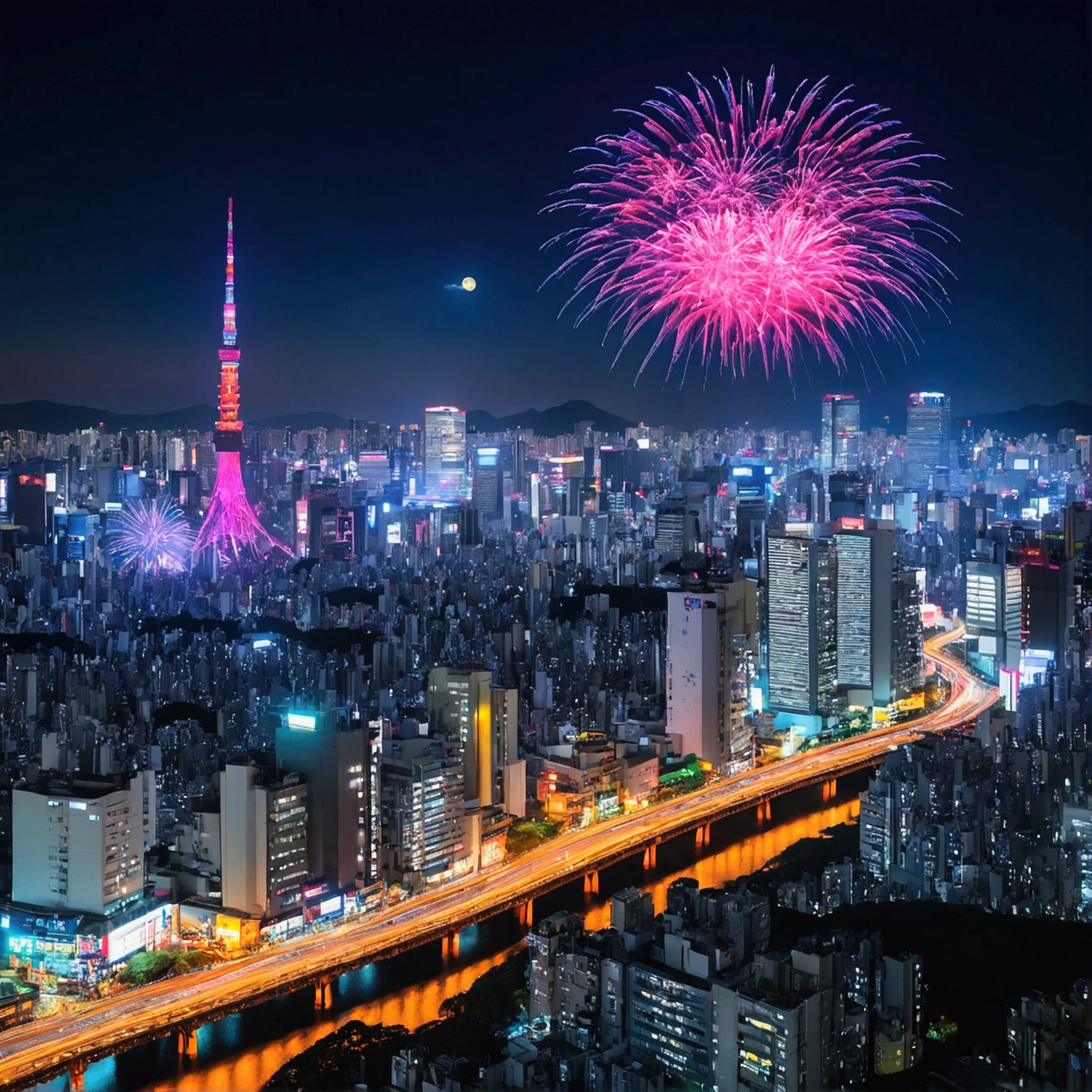 Fireworks in the sky、Bright cityscape with a full moon shining, colorful city, Tokyo Background, Urban Background, Neon City in the background, Tokyo Mural, neo Tokyo Background, Vibrant city lights, Neon City, Neon megacity in the background, neon tokyo, Japanese city at night, Just a joke, dense hypermaximalist metropolis, City Night, Midnight neon lights of the city
