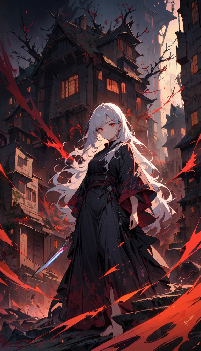 Terrible female warrior,Holding a fierce knife,Wearing tattered black robes,Long white hair,Glittering red eyes,barefoot,Intimidating presence,((Blood splatter)),Dark and mysterious,Twisted branches,The mist rolled in,Moonlight illuminated the scene,dark palette,Light orange and red,Crumbling stone buildings,Remote areas,Mysterious atmosphere,unforgettably beautiful.
