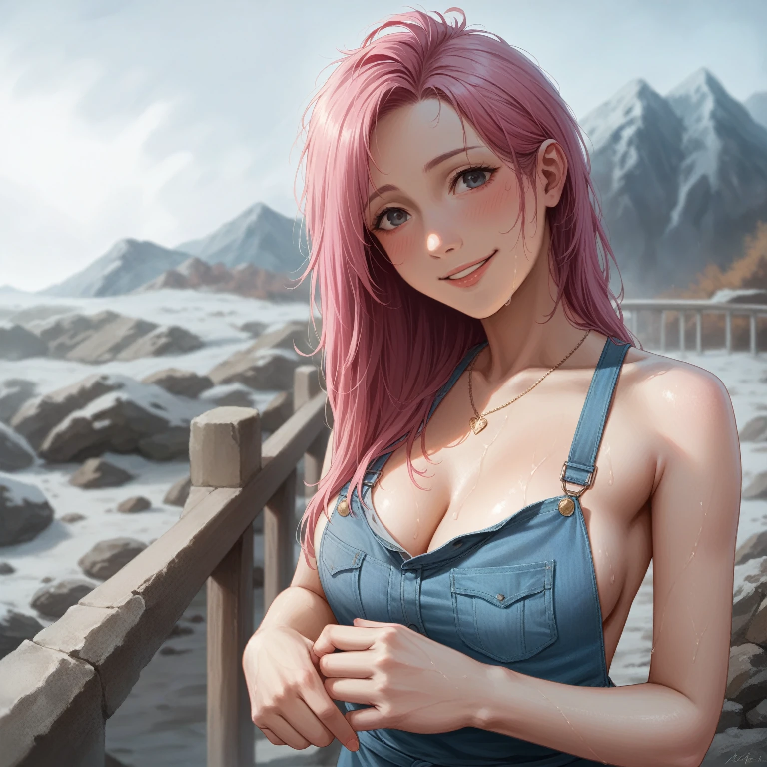 4k, high resolution, achromatic, glamor photography, detailed features, artificial photography, grass mixed with sand, rocks, winter sky, good lighting, stylish pose, Taiwanese beauty with long pink hair and proud figure, slender necklace, shy smile - shy - awkward, simple denim apron, jumpsuit under formal wear, standing by the railing, beautiful and unique, pale skin, wet skin, low angle shot, perfect legs, hands