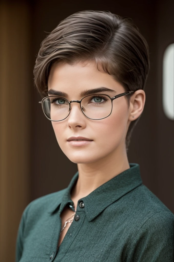 (realisitic. 2010 modern ambience. not too much yellow exposure light. pale light*) (work of art, best qualityer:1.2),   Brooke Shields , front face, standing alone. short black hair, Pixie. Kizi, very clear and crystalline green eyes, wearing Harry Potter glasses. she has short PIXIE hair and messy like a boy&#39;s messy hair, men&#39;s haircut. she is 15 years old, she is wearing an 80s outfit. adolescent. beautiful. She is thin and has a thin, bony face..
