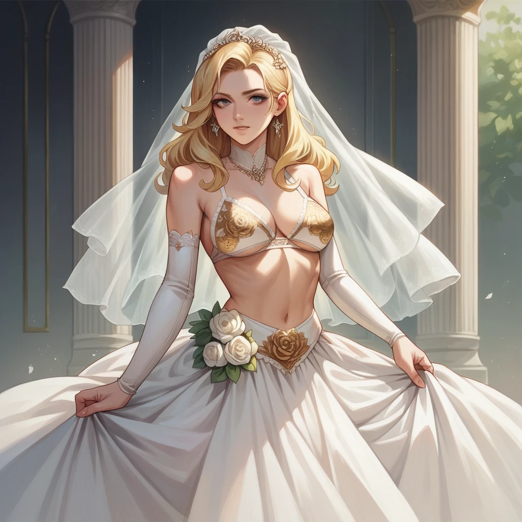 ((masterpiece)), ((best quality)), (detailed), perfect, solo, golden lace bikini bottom, , bride, skirt, blonde, pin up