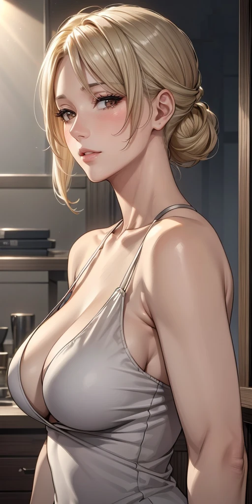 Seductive mature woman, milf, brown eyes, blonde hair, soft light, 4k resolution, high quality, beautiful cg