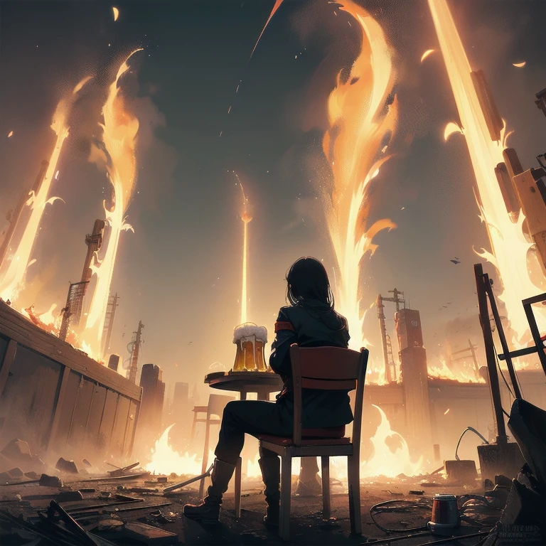 2girls, alone, lonely, sad, depressing, dark, cinematic, (watching the world burn), apocalypse, world ending, ruined buildings, dynamic shot, madness, glee, disappointment, stand above all, against the odds, desperate prayer, grim fate, cruel hope, death awaits, (high-fantasy), ((((drinking beer on a lone chair in the middle of nowhere)))), (fire all around), (burning flames all around), cinders, blaze, (gravestones everywhere), ((((neon red swords piercing ground)))), (((unlimited blade works))), metropolis, skyscraper, (cityscape)