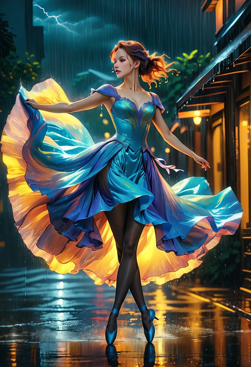 a portrait of female classical ballet prima ballerina dancing in the rain, a full body picture ((anatomically correct: 1.5)) of a exquisite beautiful female dancer wearing silk evening dress, intricate dress dynamic hair color, dynamic hair style, dynamic skin complexion, wearing ballet shoes, wearing thigh highs, ((she is standing in the middle of the rain storm: 1.5)), she is wet, yet enjoys the dance in the rain, cloudy night, lightning storm, dynamic background, vibrant, Ultra-high resolution, High Contrast, (masterpiece:1.5), highest quality, Best aesthetics), best details, best quality, highres, 16k, (ultra detailed: 1.5), masterpiece, best quality, (extremely detailed) RAW, (ultra details, Masterpiece, best quality), Cinematic Hollywood Film, artxldnc, phoenix dress,