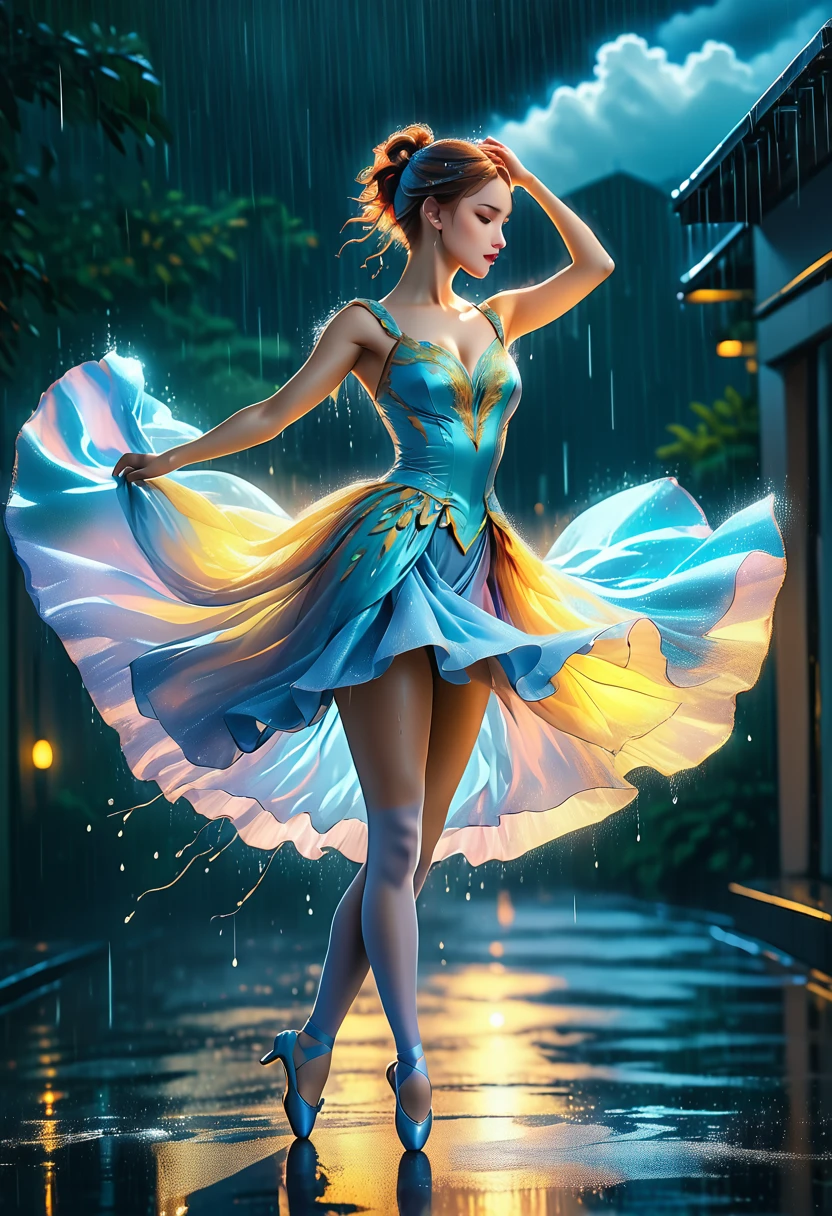 a portrait of female classical ballet prima ballerina dancing in the rain, a full body picture ((anatomically correct: 1.5)) of a exquisite beautiful female dancer wearing silk evening dress, intricate dress dynamic hair color, dynamic hair style, dynamic skin complexion, wearing ballet shoes, wearing thigh highs, ((she is standing in the middle of the rain storm: 1.5)), she is wet, yet enjoys the dance in the rain, cloudy night, lightning storm, dynamic background, vibrant, Ultra-high resolution, High Contrast, (masterpiece:1.5), highest quality, Best aesthetics), best details, best quality, highres, 16k, (ultra detailed: 1.5), masterpiece, best quality, (extremely detailed) RAW, (ultra details, Masterpiece, best quality), Cinematic Hollywood Film, artxldnc, phoenix dress,