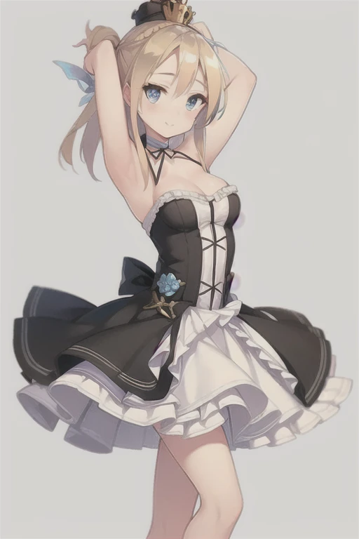 Saratoga (warship girls r),((masterpiece)),(((best quality))),((ultra-detailed)),((illustration)),((disheveled hair)),((frills)),(1 girl),(solo), 1girl, solo, rating:safe, armband, armpits, arms_up, ballerina, ballet, ballet_slippers, bare_arms, bare_shoulders, black_dress, black_footwear, blue_ribbon, breasts, circle_skirt, cleavage, clothing, crossed_legs, crown, dress, pointe, female, garter, hair_bun, hair_rings, headwear, legs, looking_at_viewer, makaria, plantar_flexion, ribbon, see-through, short_hair, single_hair_bun, small_breasts, smile, standing_on_one_leg, standing, tiara, tied_hair, blonde_hair,blue_eyes,